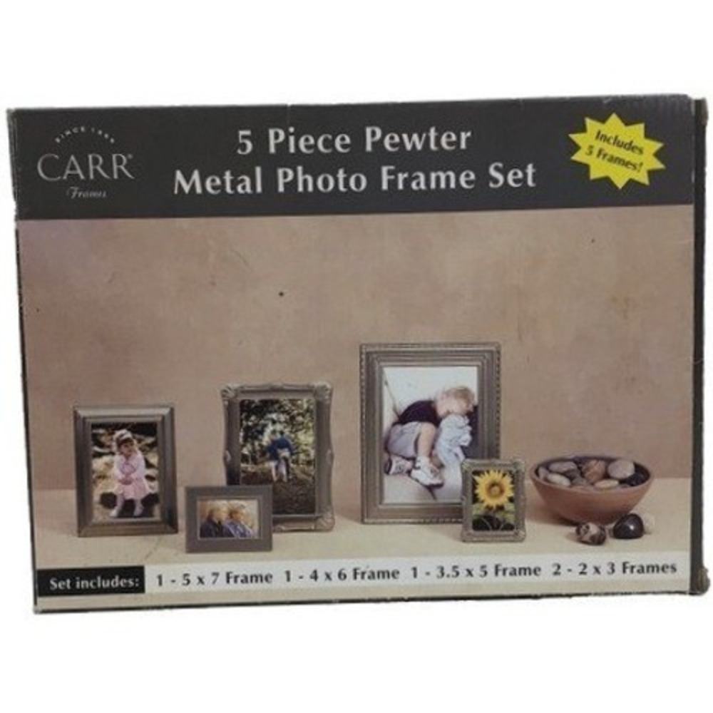 Carr 5 Piece Pewter Metal Photo Frame Set Silver New Distressed Box